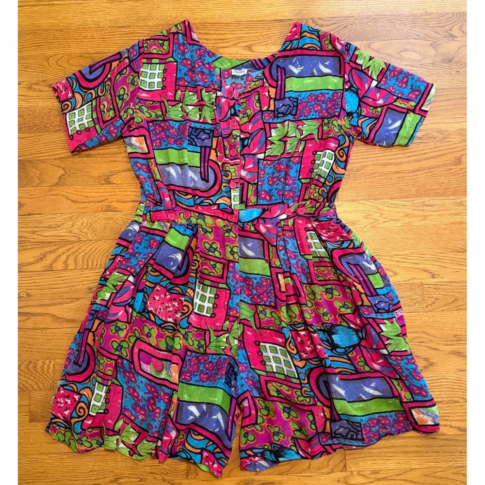 Vintage 90s Rayon Abstract Floral Geometric Button Front Romper Pink Blue Med